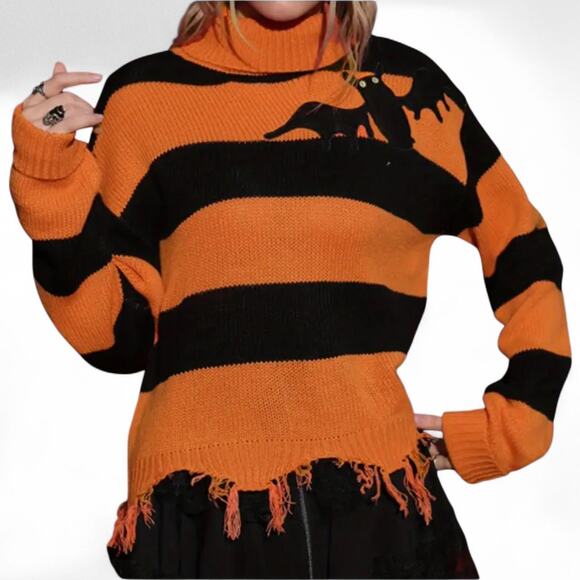 Black Orange Striped Halloween Bat Cozycore Turtleneck Pull Over Sweater Knit XL - Picture 1 of 2